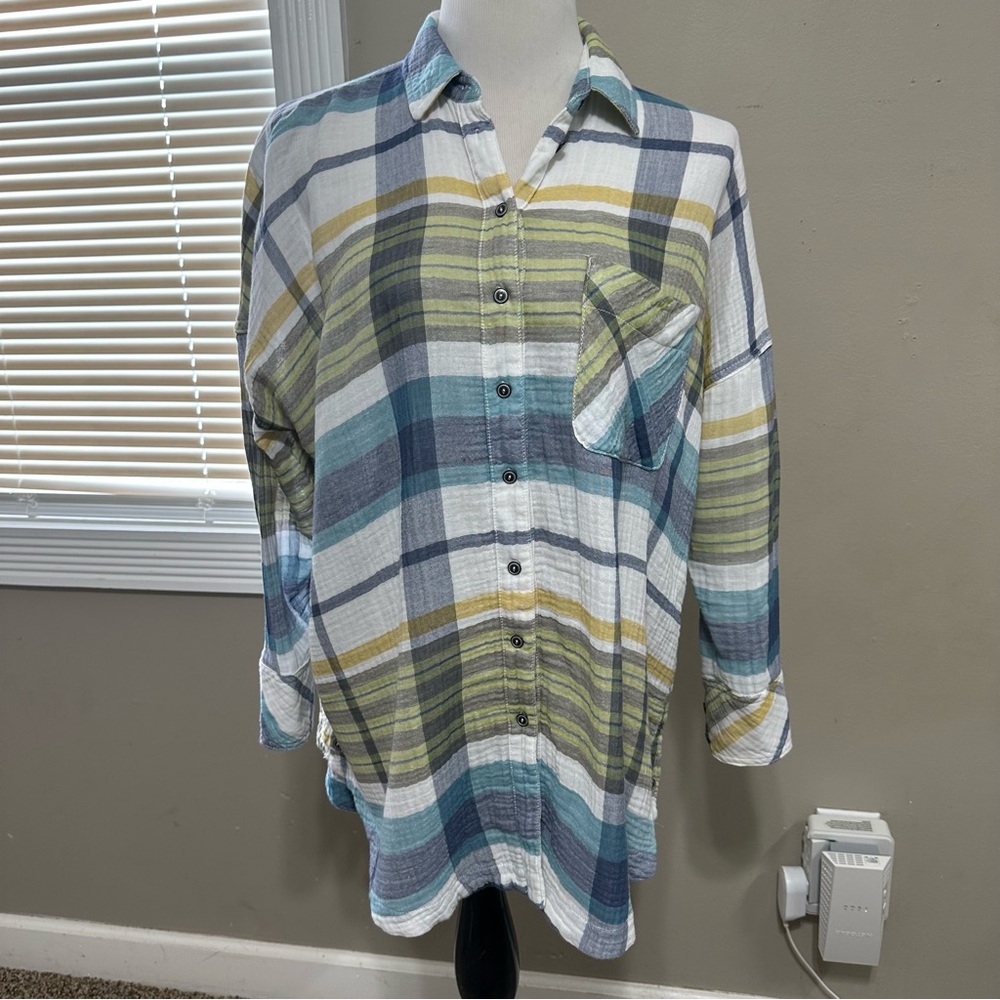 Free people women’s oversized extra small button up shirt‎ cotton textured print